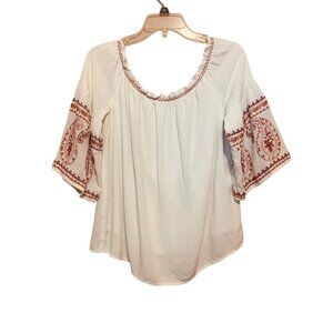 BLUE RAIN Women's Top Embroidered Peasant Blouse Bell Sleeves Sz L